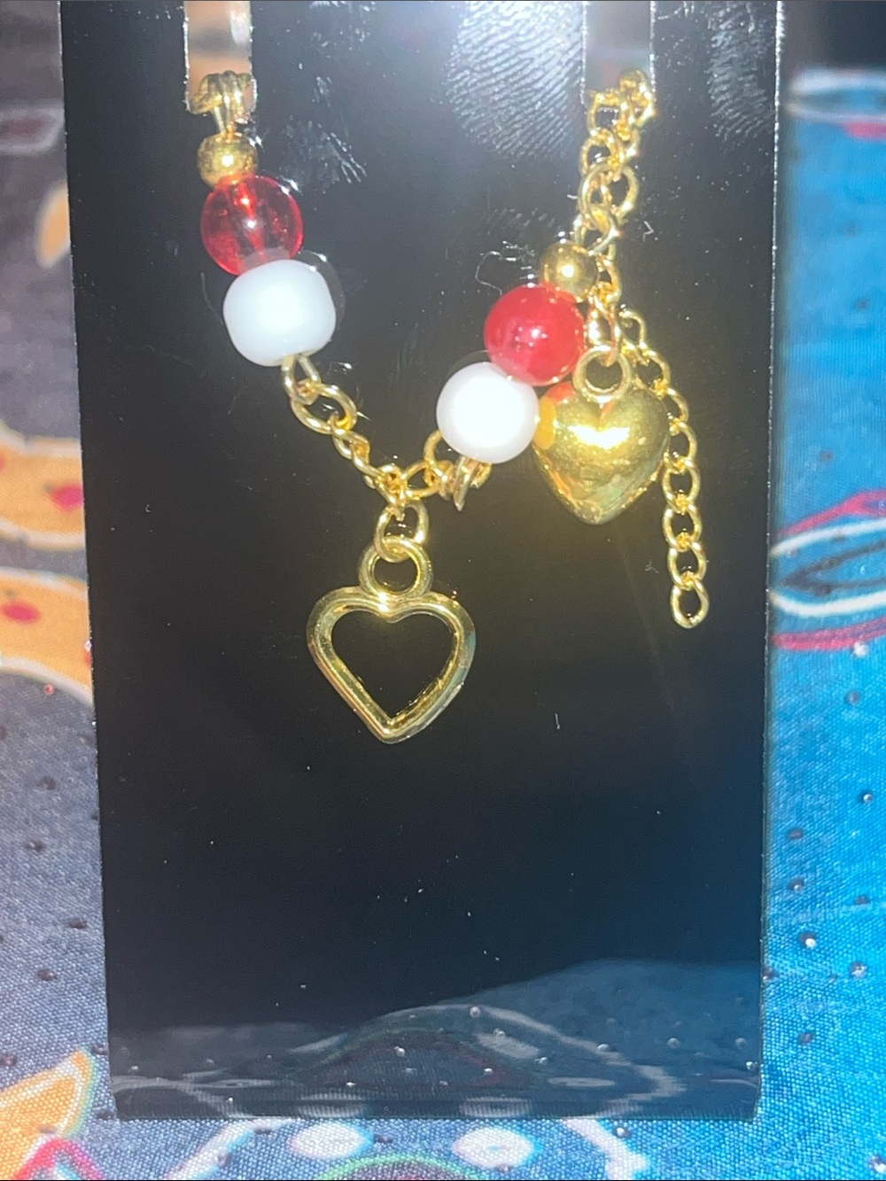 Dainty Gold Toned Heart Charm Ankle Bracelet Red/White Beads Heart Charm 24